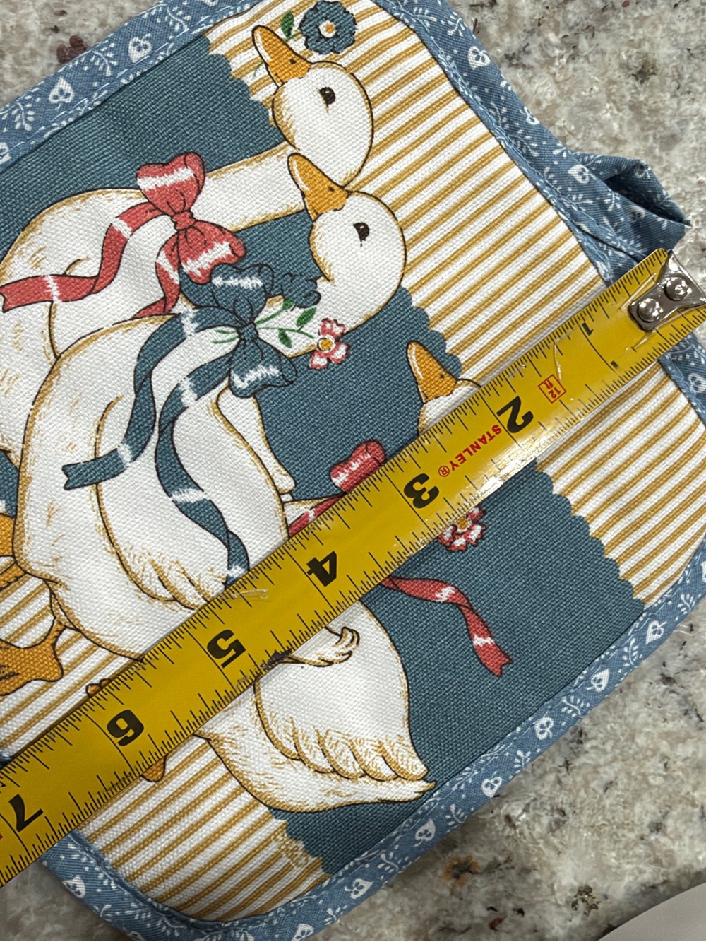 Vintage Blue Bow Geese Pot Holder 1990s Blue Floral Striped Hanging Loop Kitchen - Picture 6 of 6